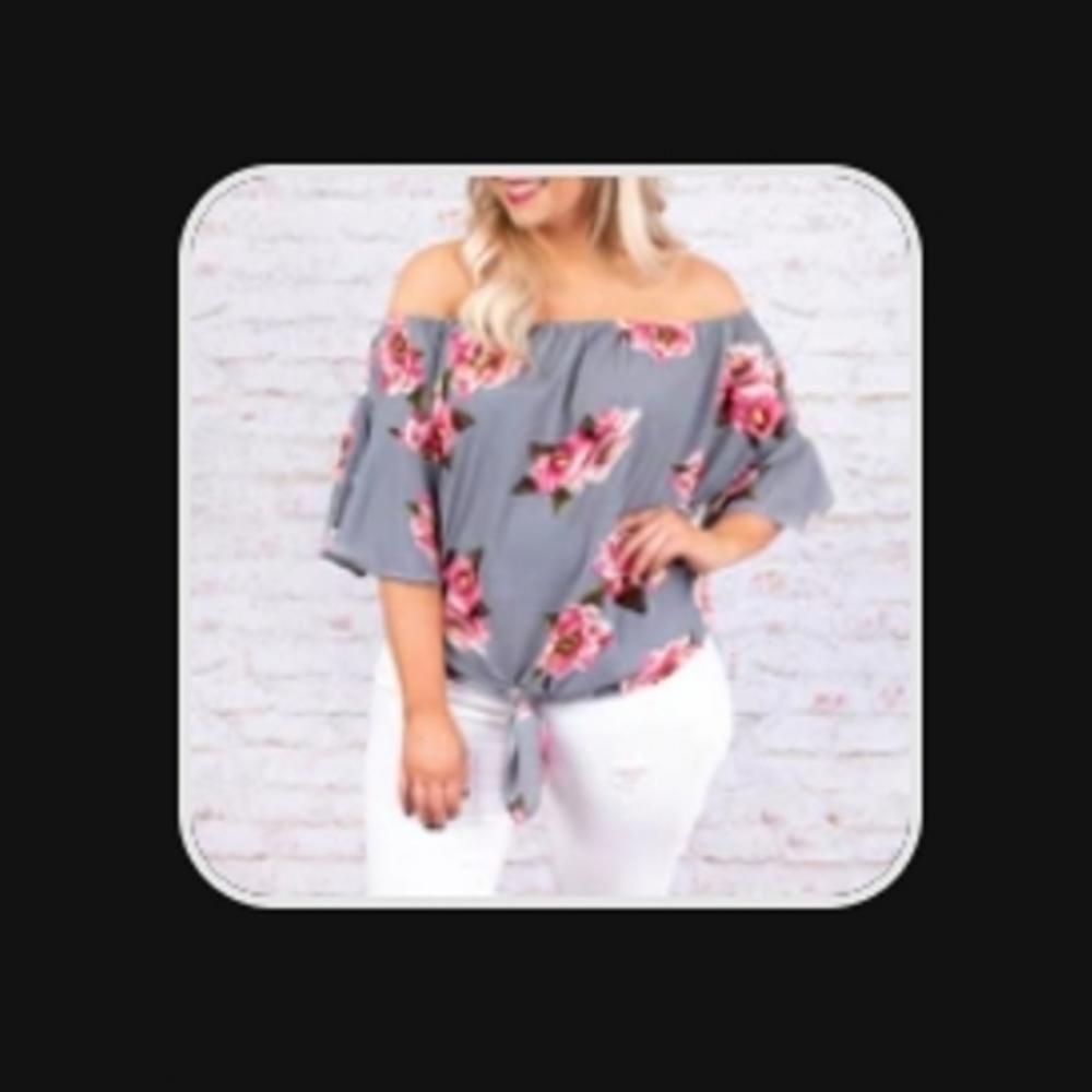 Umgee Gray Off-Shoulder Floral Tie-Front Top with Pink Flowers